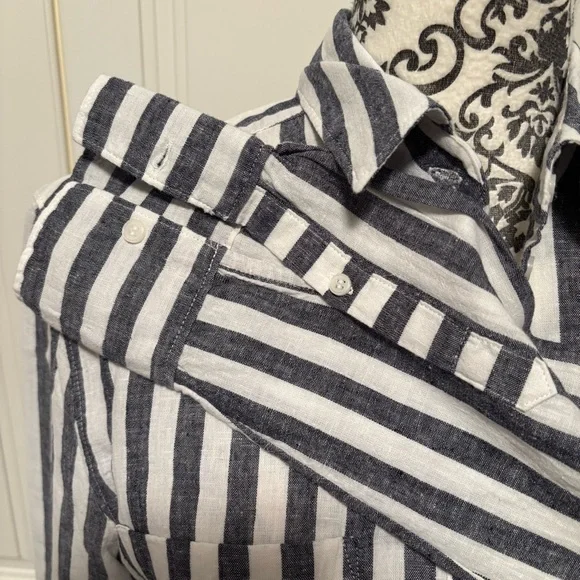 H&M L.O.G.G. navy/white striped LINEN blend button up shirt women's size 4 - Picture 3 of 9